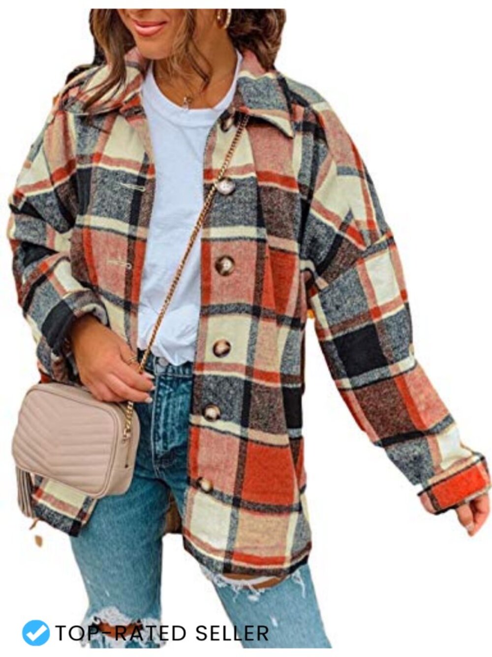 Women's Oversized Plaid Flannel Shacket Long Sleeve Button Down Casual Shirt